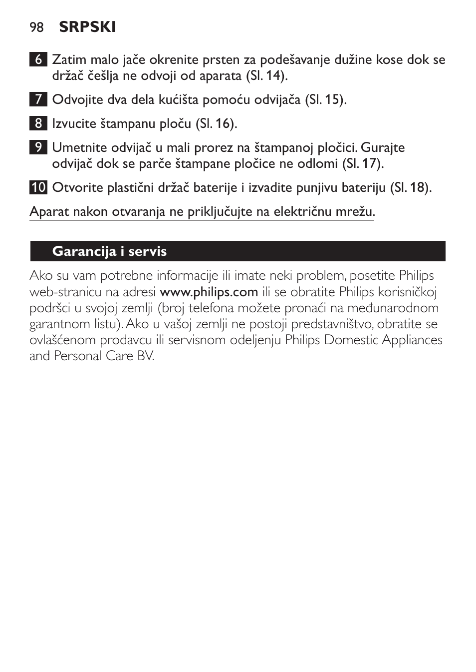 Garancija i servis | Philips QC 5099 User Manual | Page 98 / 106