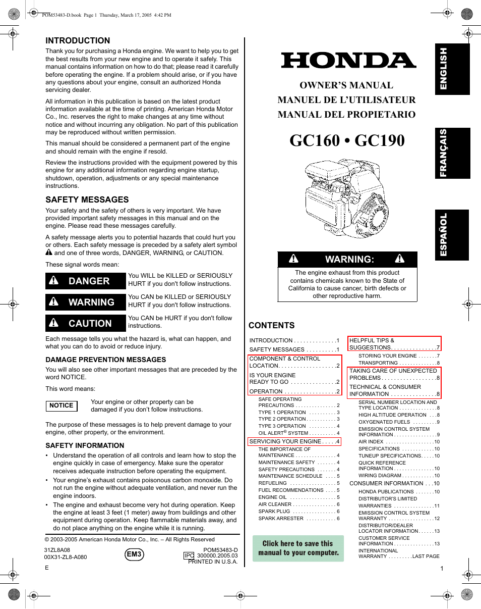 HONDA GC190 User Manual | 44 pages