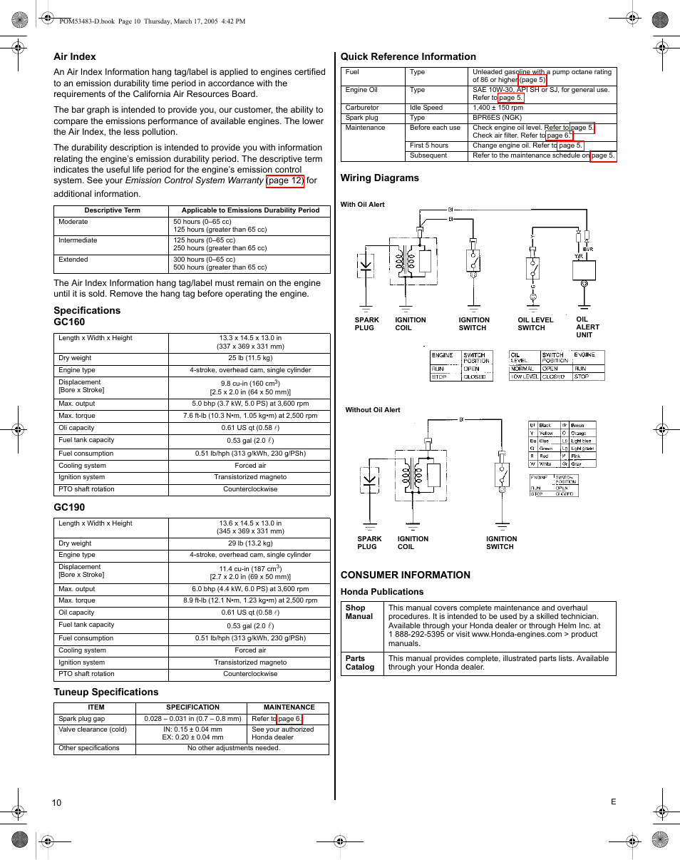 Specifications, Quick reference information, Wiring diagrams | Consumer information, Honda publications, Air index | HONDA GC190 User Manual | Page 10 / 44