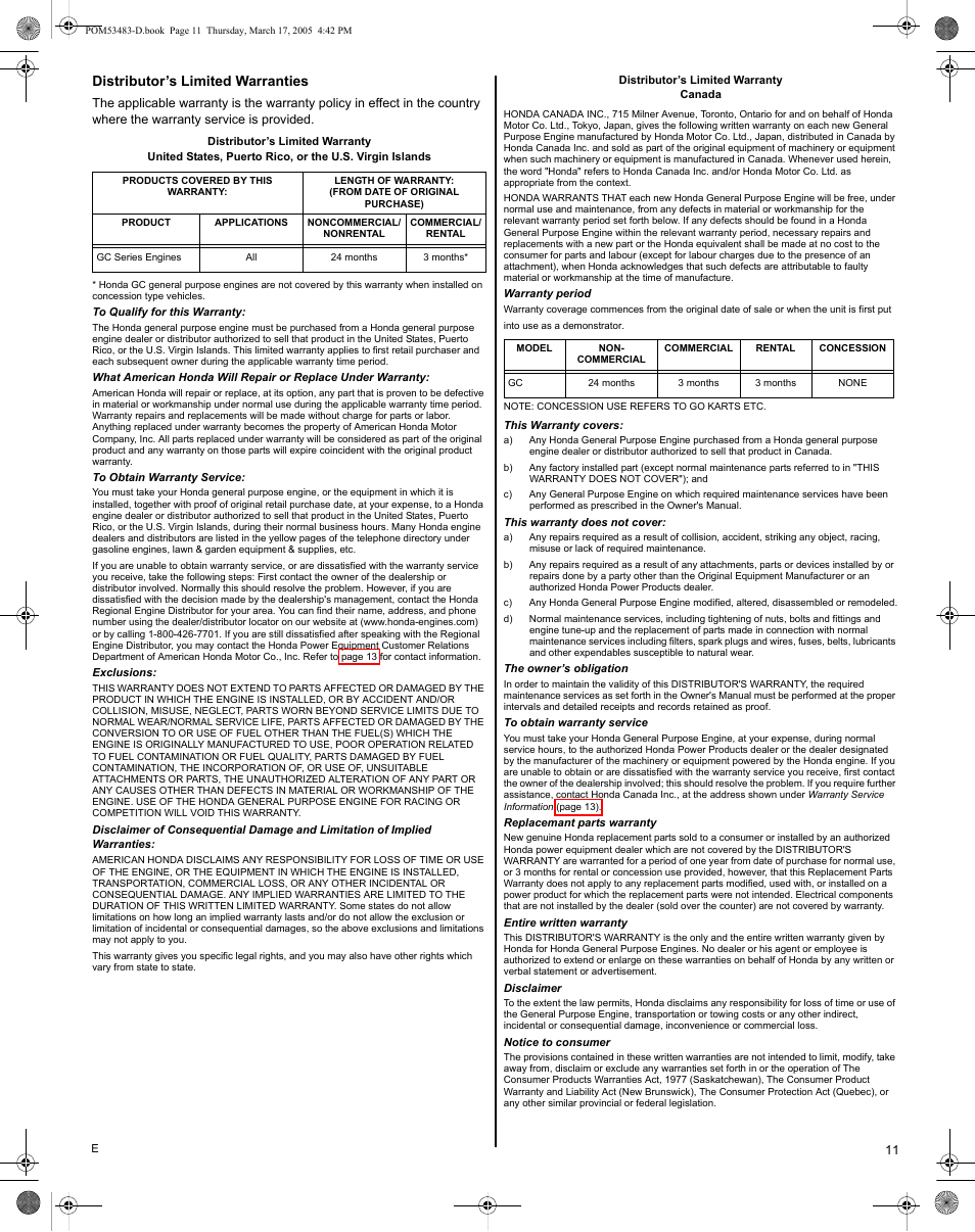 Distributor's limited warranties | HONDA GC190 User Manual | Page 11 / 44