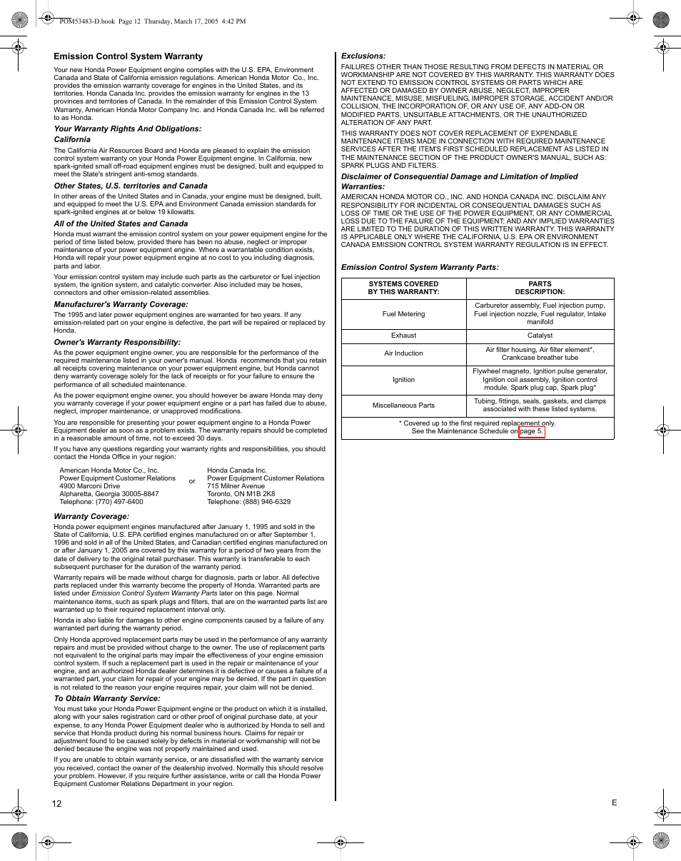 Emission control system warranty | HONDA GC190 User Manual | Page 12 / 44