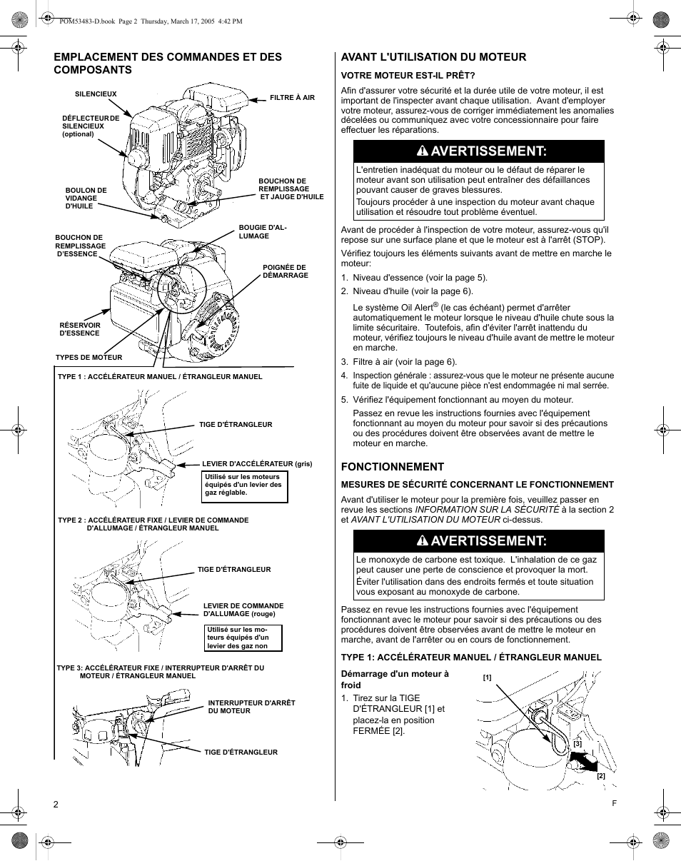 Avertissement, Fonctionnement | HONDA GC190 User Manual | Page 16 / 44