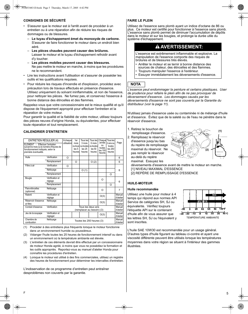 Avertissement | HONDA GC190 User Manual | Page 19 / 44