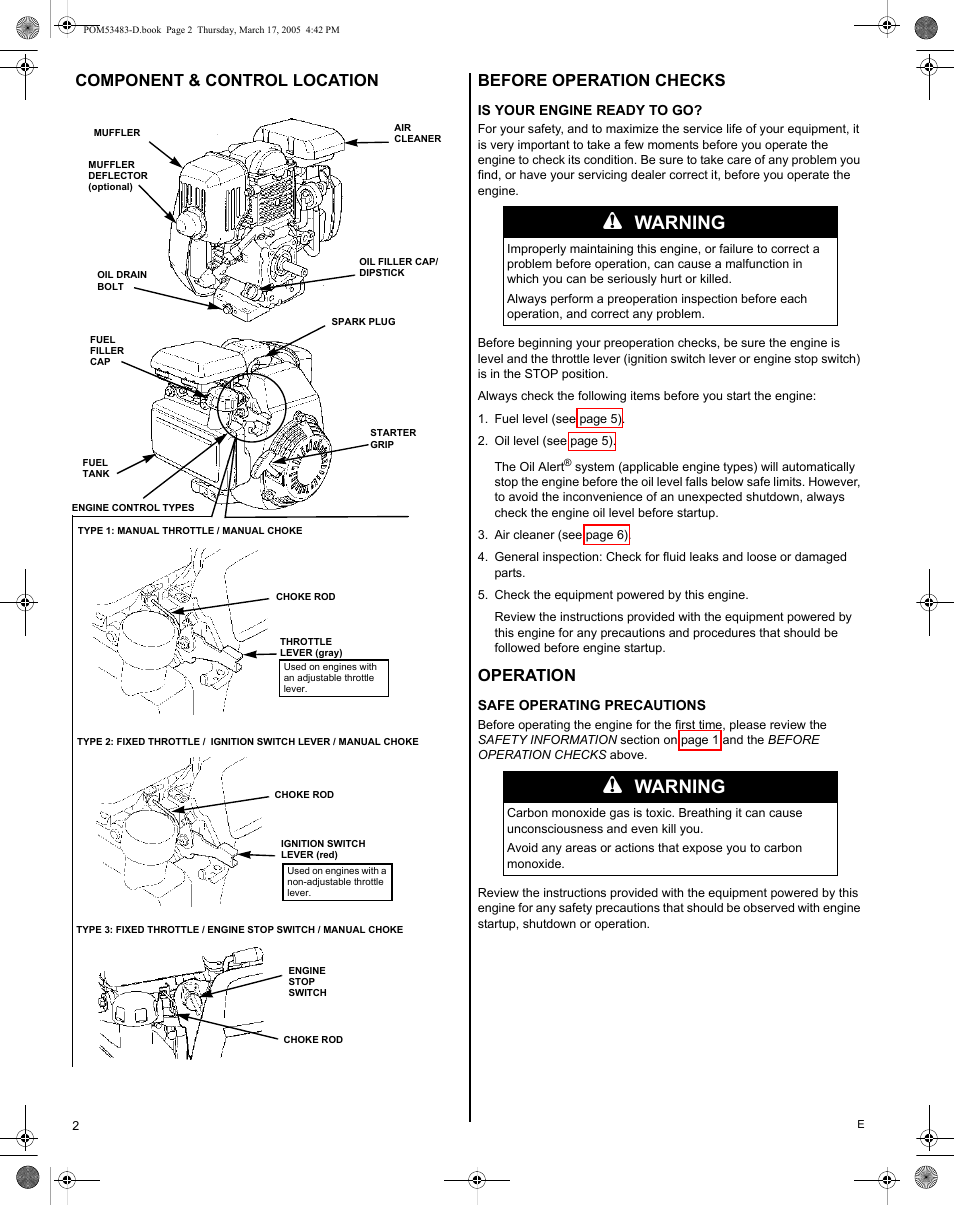 Component & control location, Before operation checks, Is your engine ready to go | Operation, Safe operating precautions, Warning | HONDA GC190 User Manual | Page 2 / 44