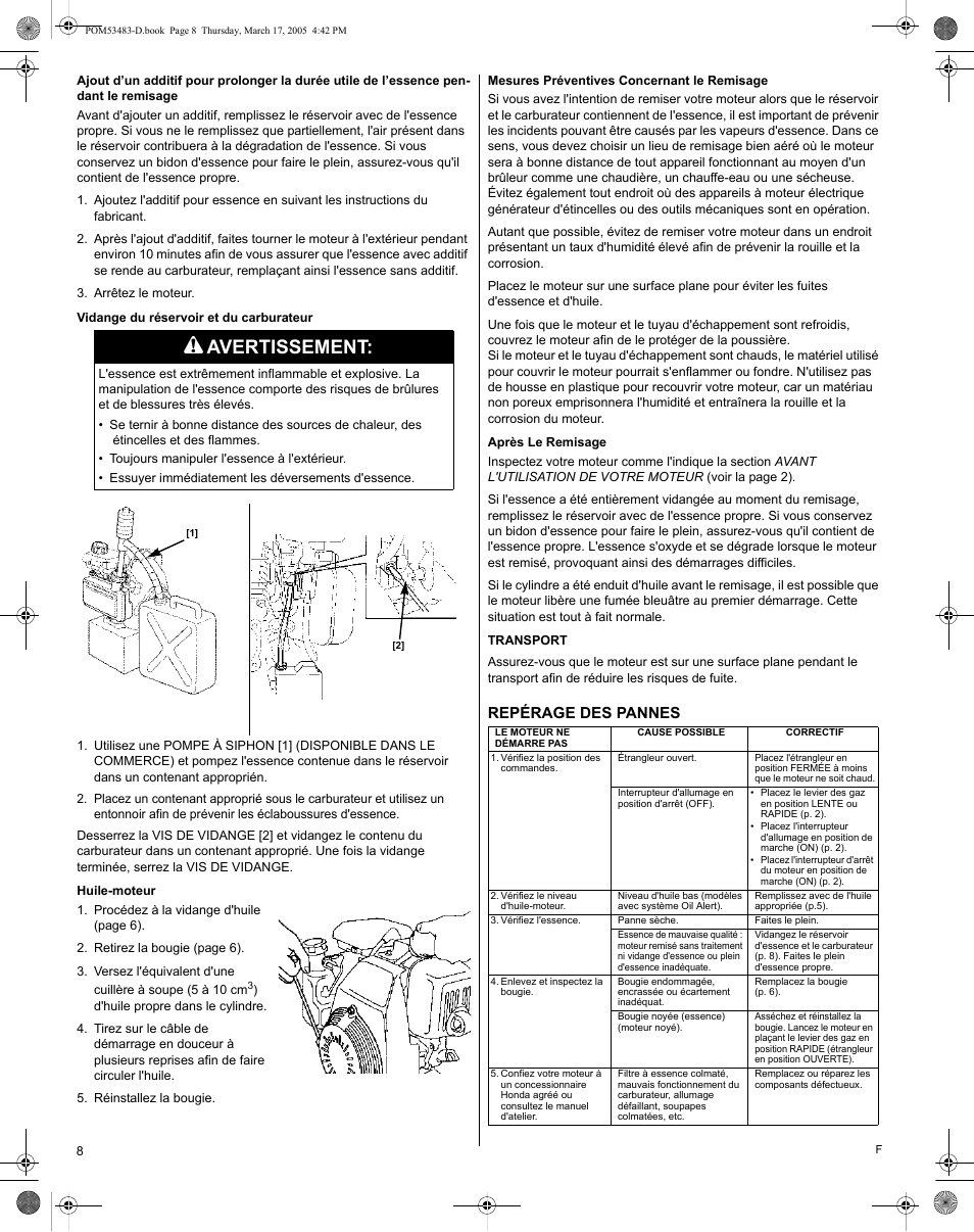 Avertissement, Repérage des pannes | HONDA GC190 User Manual | Page 22 / 44