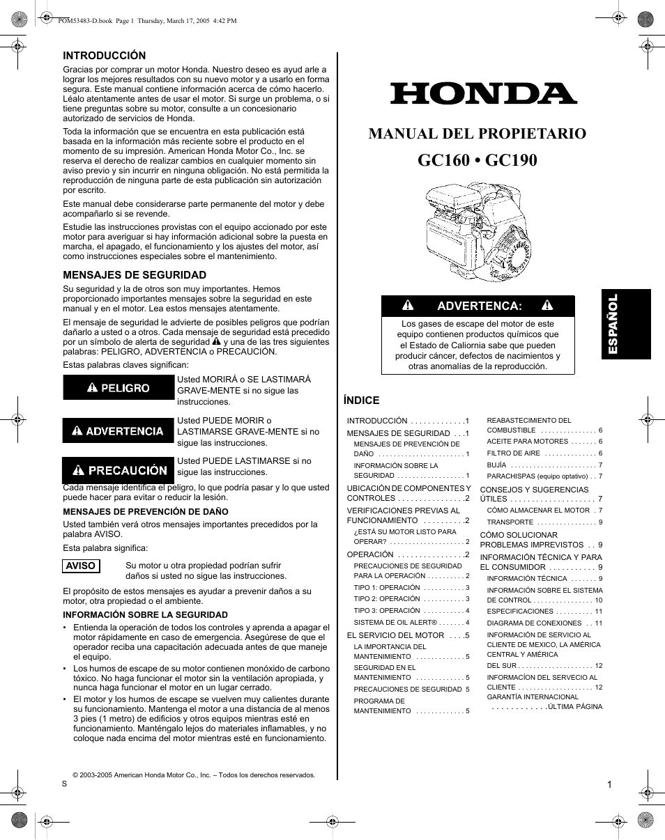 Español, Manual del propietario, Danger | Advertenca, Esp a ñol | HONDA GC190 User Manual | Page 29 / 44