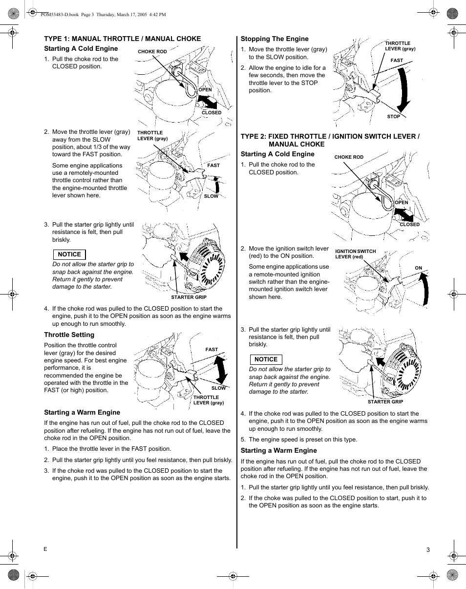 Type 1 (manual throttle/manual choke) | HONDA GC190 User Manual | Page 3 / 44
