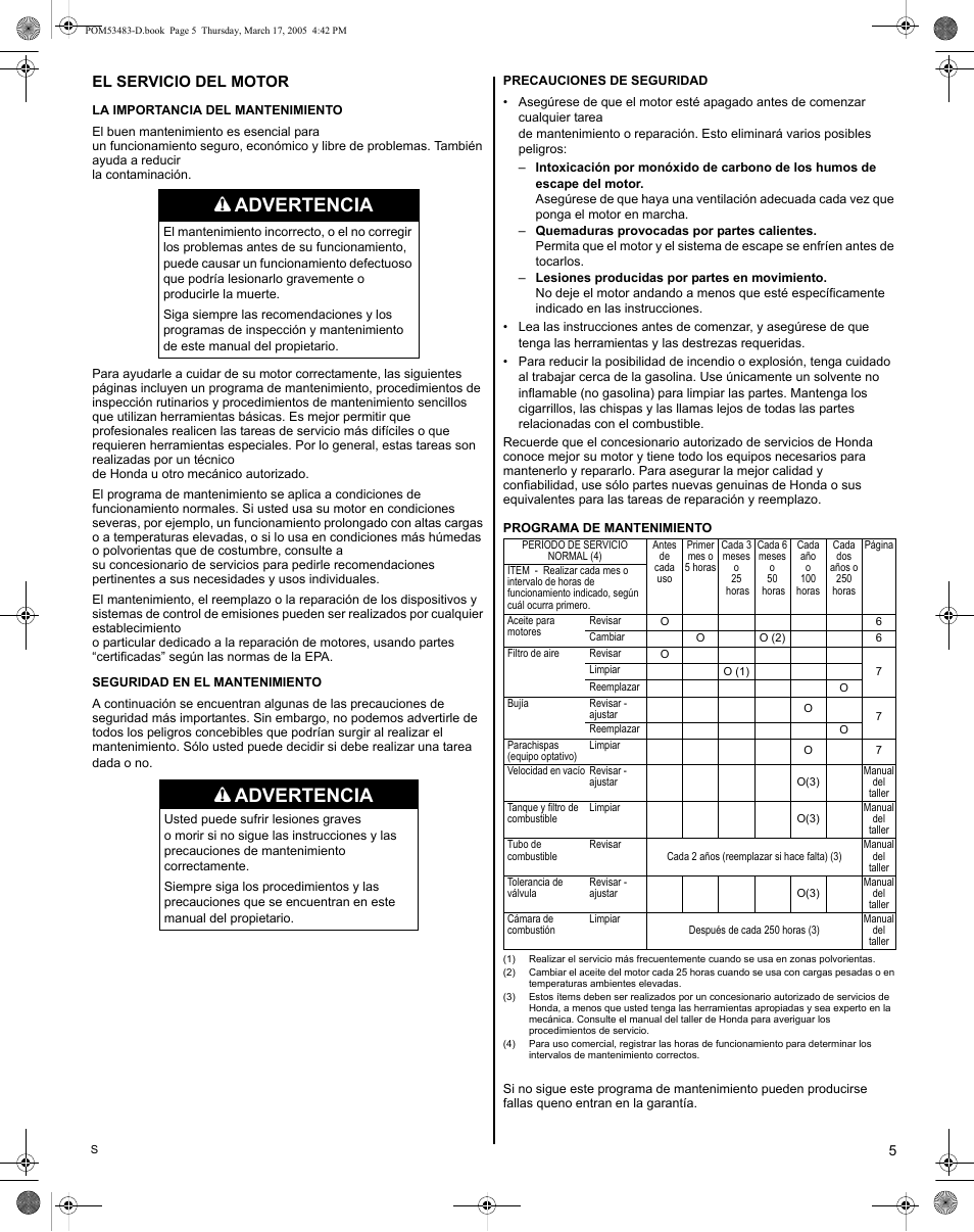 Advertencia, El servicio del motor | HONDA GC190 User Manual | Page 33 / 44
