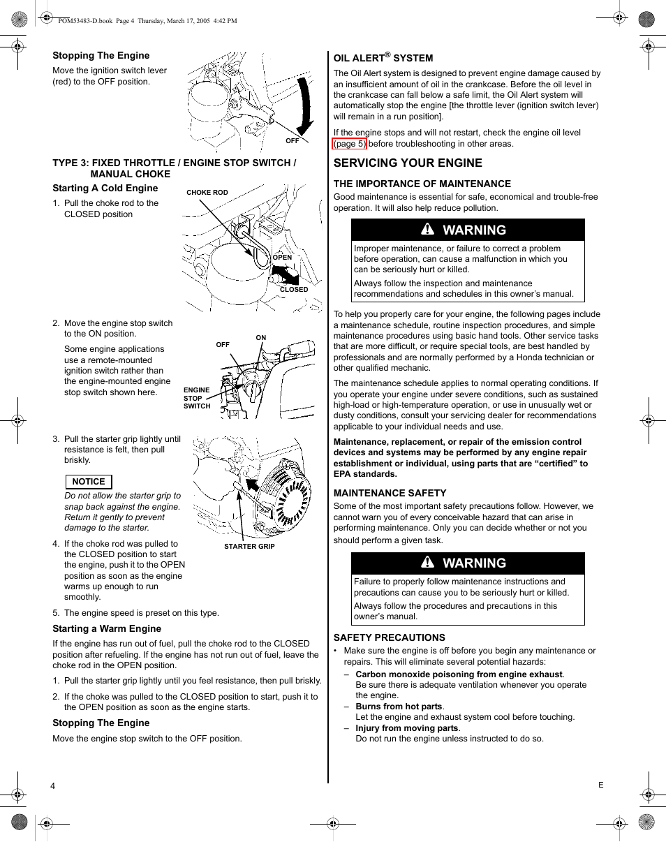 Oil alert® system, Servicing your engine, The importance of maintenance | Maintenance safety, Safety precautions, Warning | HONDA GC190 User Manual | Page 4 / 44