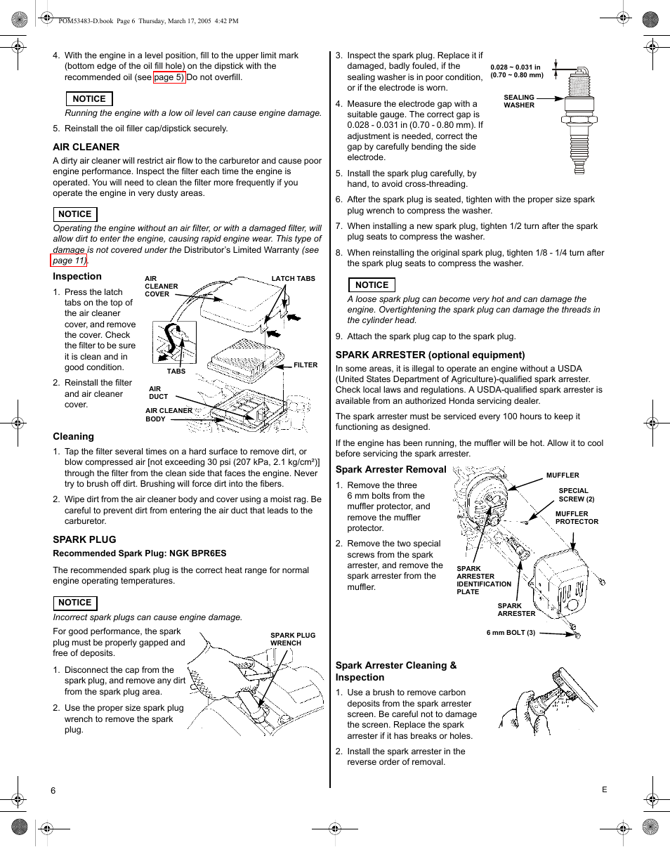 Air cleaner, Spark plug, Spark arrester (optional equipment) | HONDA GC190 User Manual | Page 6 / 44