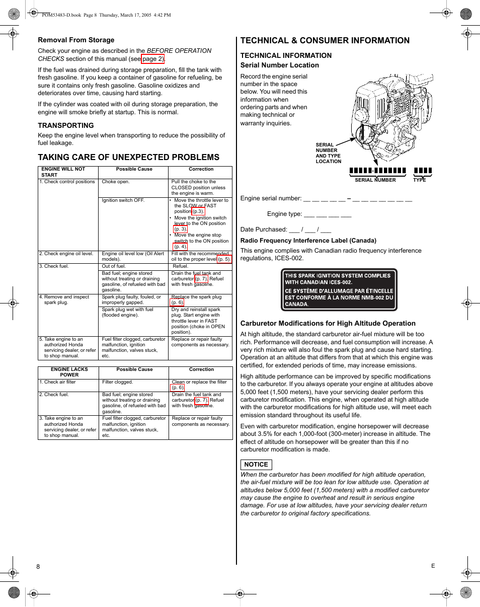 Transporting, Taking care of unexpected problems, Technical & consumer information | Technical information, Serial number location, Radio frequency interference label (canada) | HONDA GC190 User Manual | Page 8 / 44