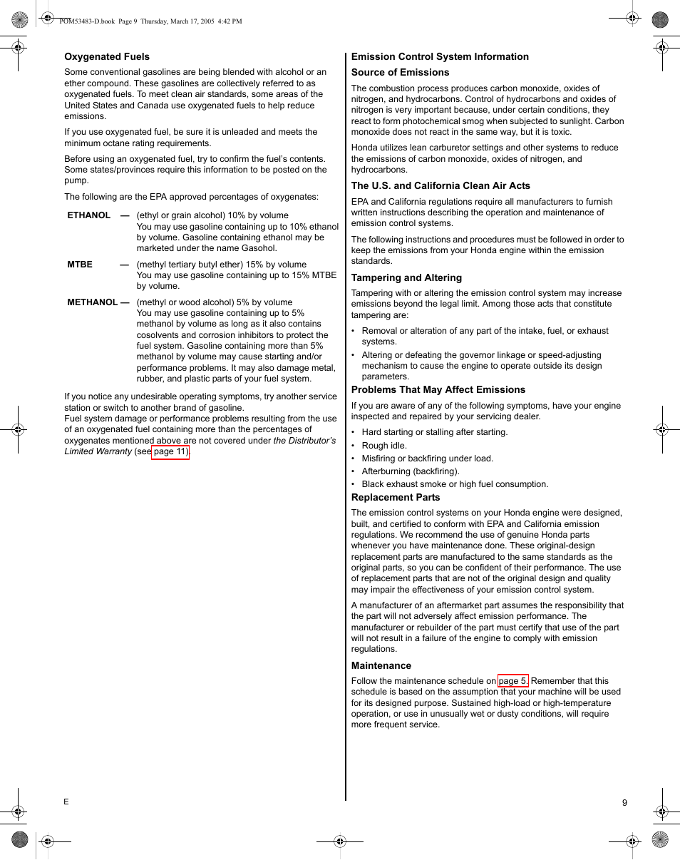 Oxygenated fuels, Emission control system information | HONDA GC190 User Manual | Page 9 / 44