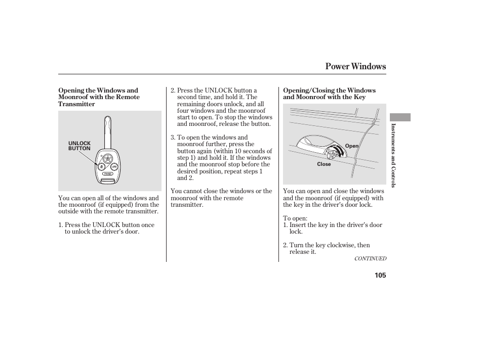 Power windows | HONDA 2009 User Manual | Page 111 / 422