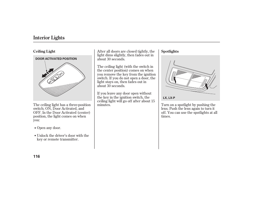 Interior lights | HONDA 2009 User Manual | Page 122 / 422