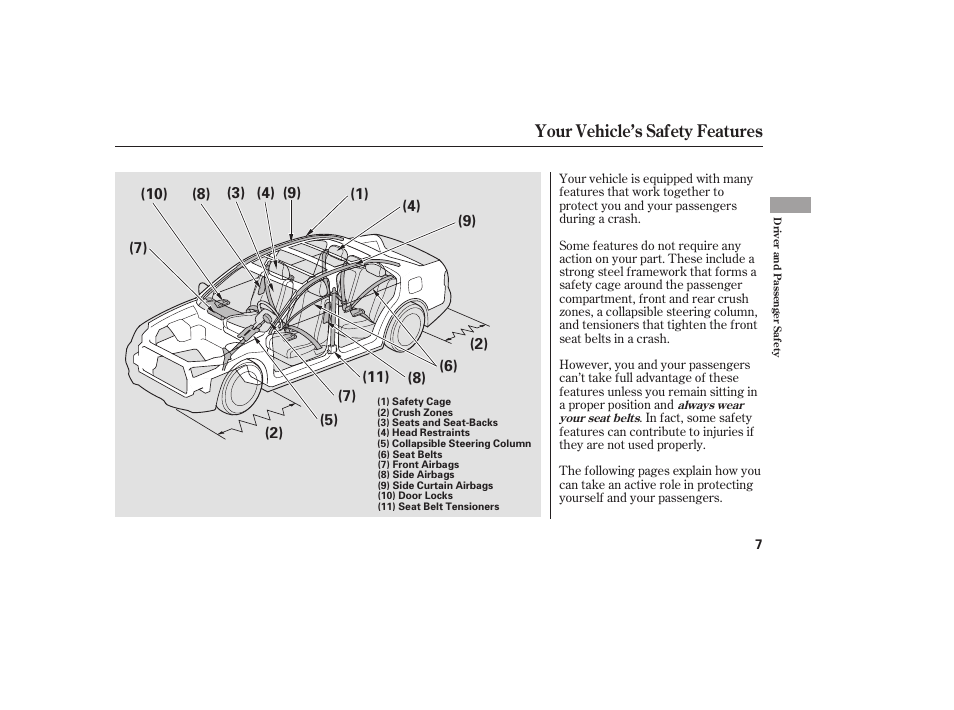 Your vehicle’s safety features | HONDA 2009 User Manual | Page 13 / 422