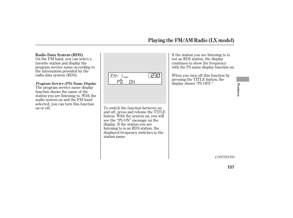 Playing the fm/am radio (lx model) | HONDA 2009 User Manual | Page 143 / 422