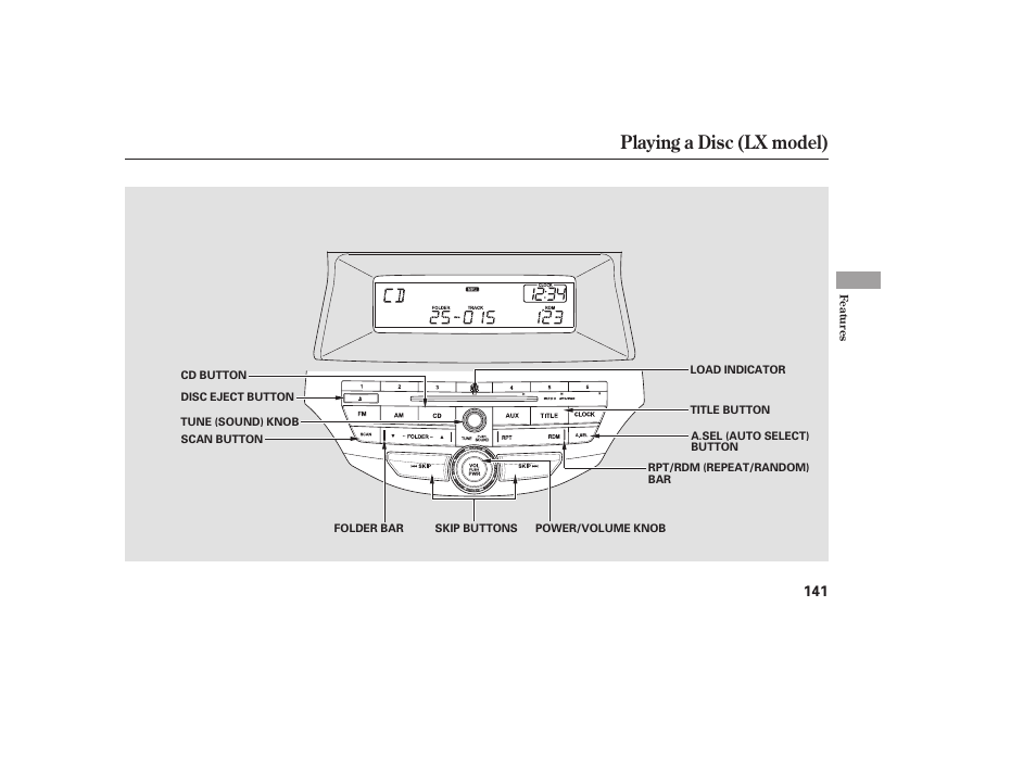 Playing a disc (lx model) | HONDA 2009 User Manual | Page 147 / 422