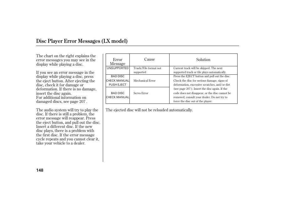 Disc player error messages (lx model) | HONDA 2009 User Manual | Page 154 / 422