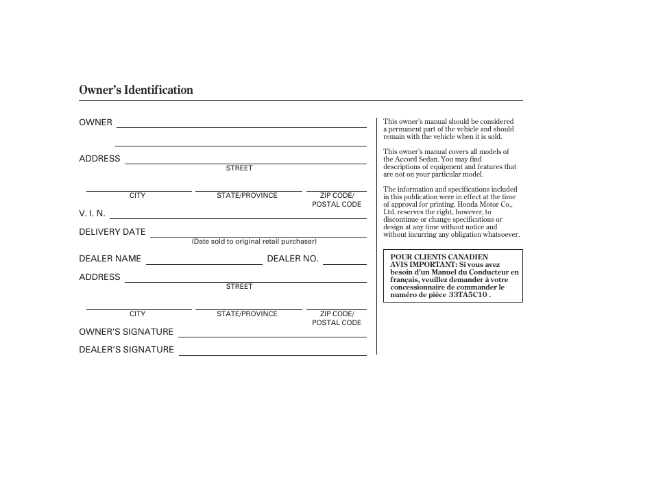 Owner’s identification | HONDA 2009 User Manual | Page 2 / 422