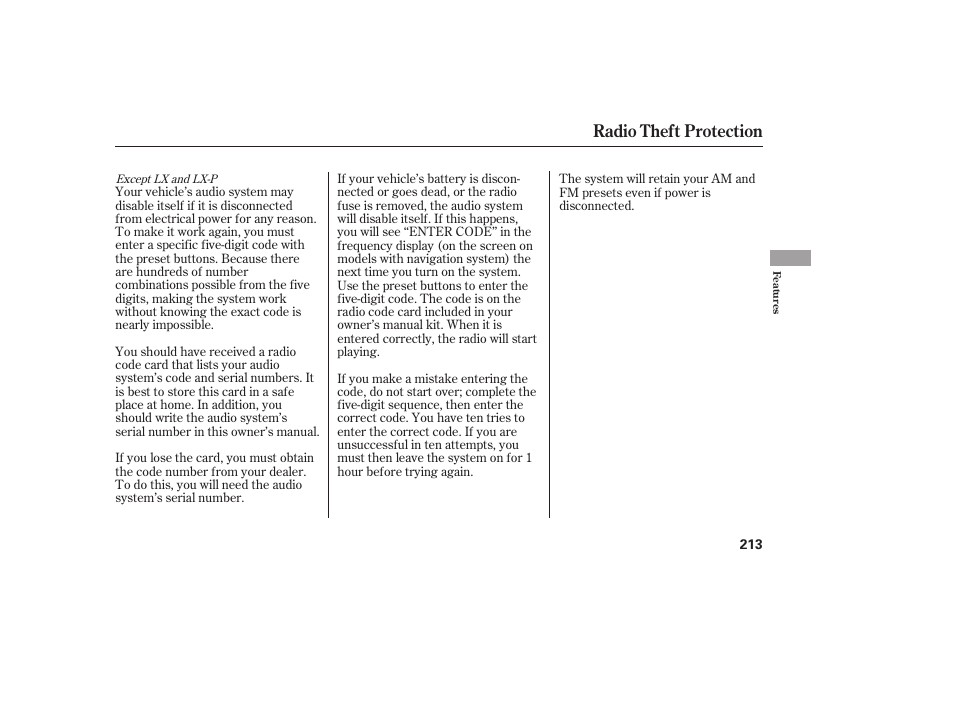 Radio theft protection | HONDA 2009 User Manual | Page 219 / 422