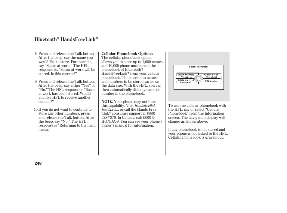 Bluetooth handsfreelink | HONDA 2009 User Manual | Page 254 / 422