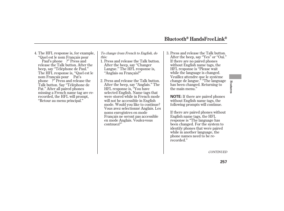 Bluetooth handsfreelink | HONDA 2009 User Manual | Page 263 / 422