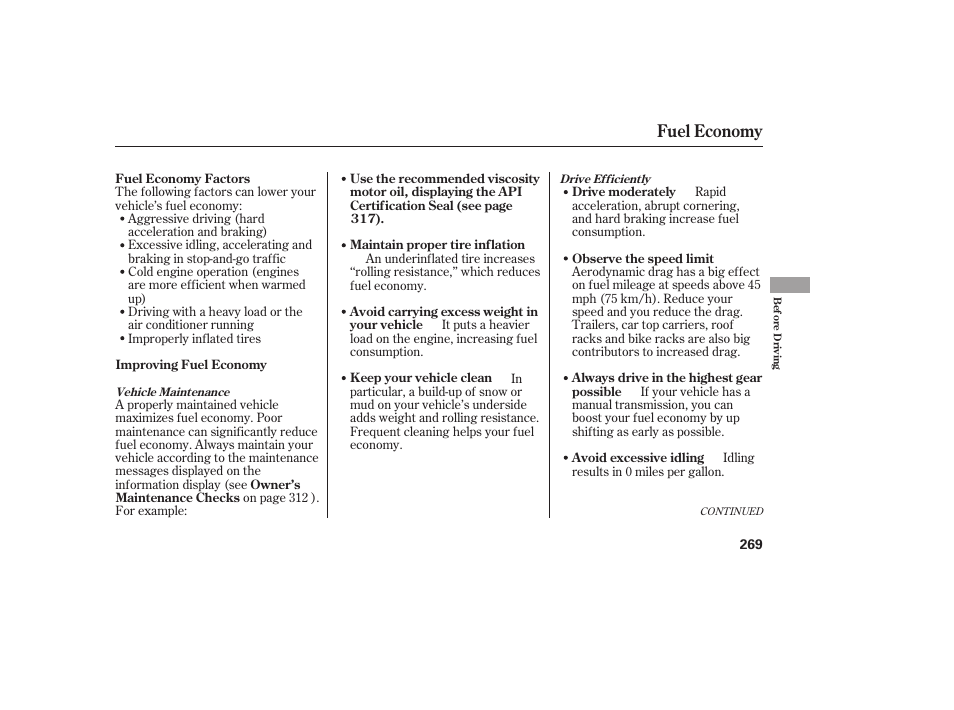 Fuel economy | HONDA 2009 User Manual | Page 275 / 422