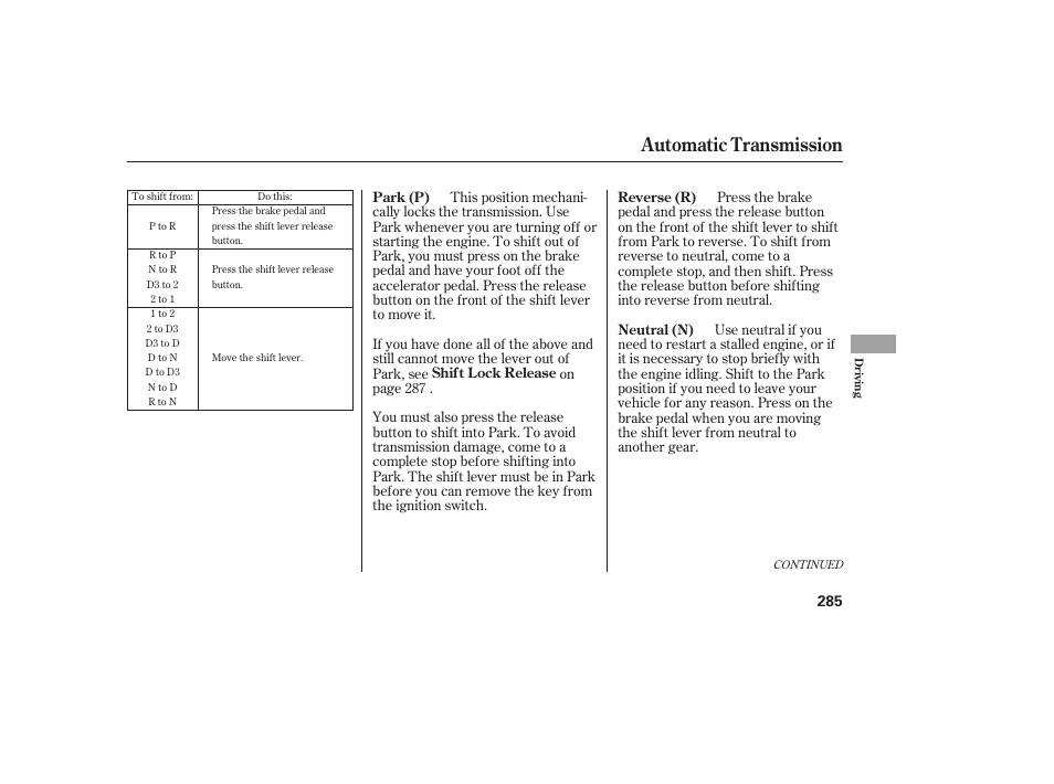Automatic transmission | HONDA 2009 User Manual | Page 291 / 422
