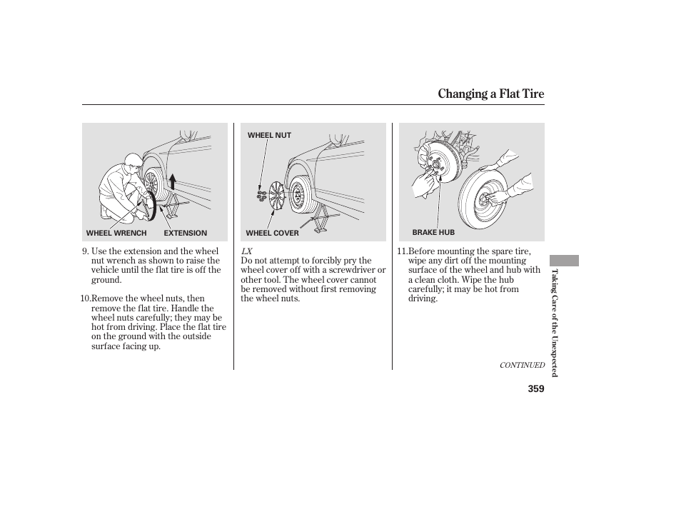 Changing a flat tire | HONDA 2009 User Manual | Page 365 / 422