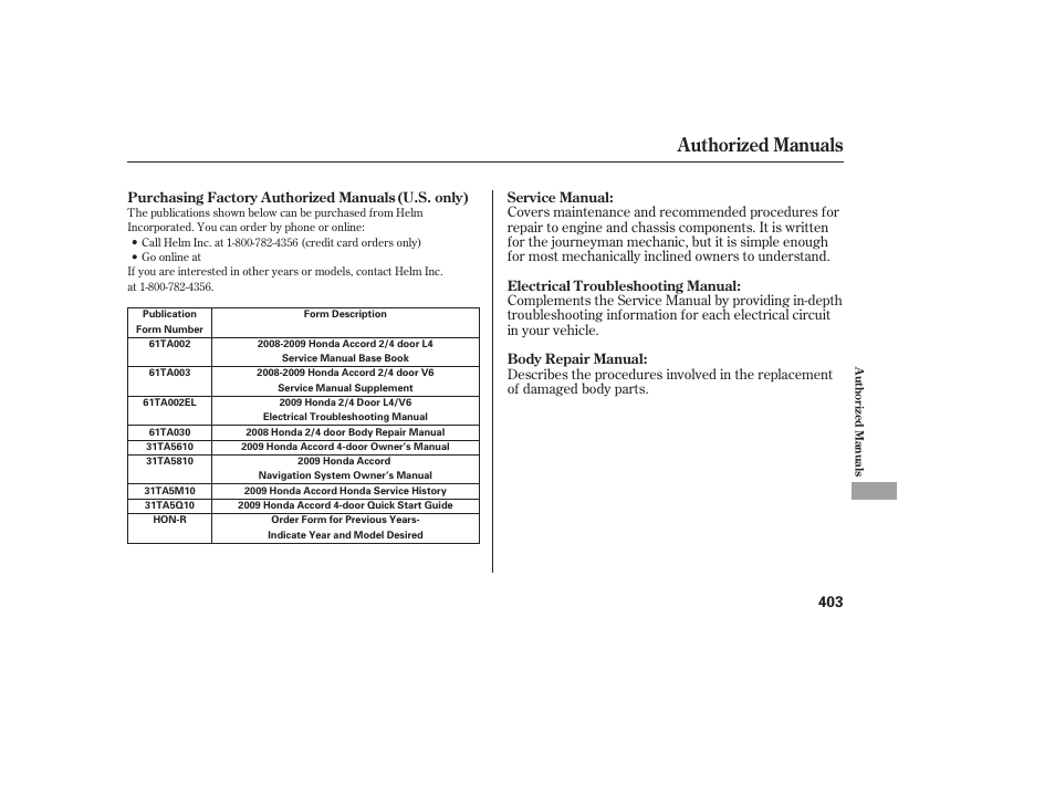 Authorized manuals | HONDA 2009 User Manual | Page 409 / 422