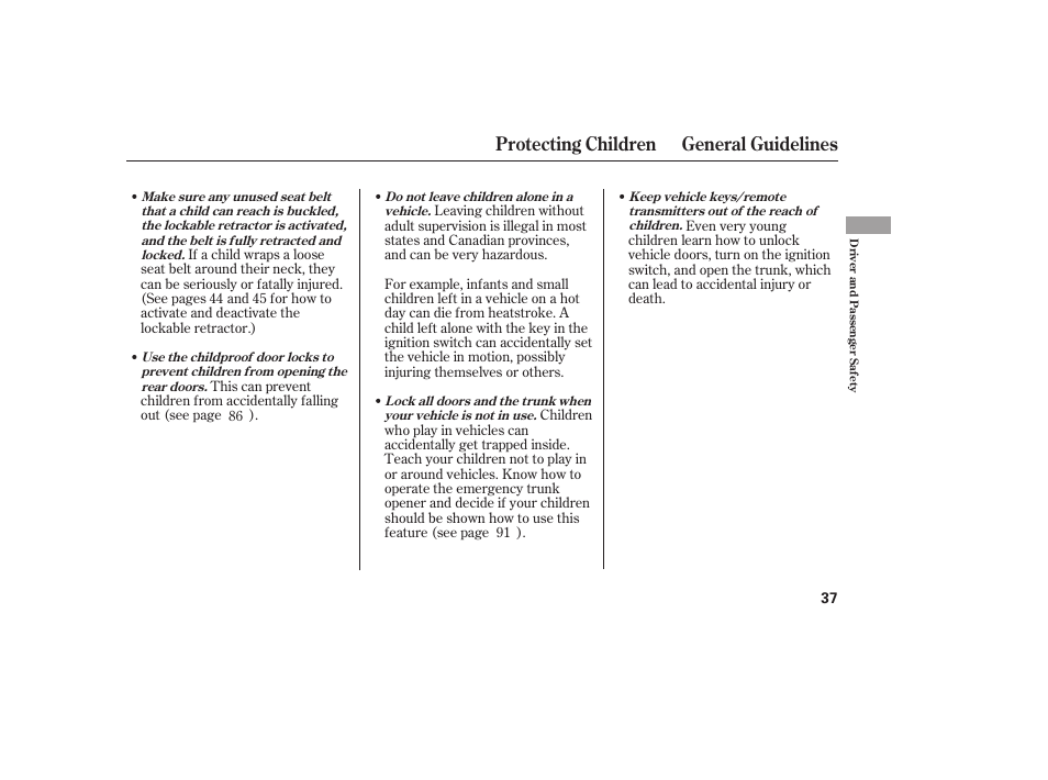 Protecting children general guidelines | HONDA 2009 User Manual | Page 43 / 422