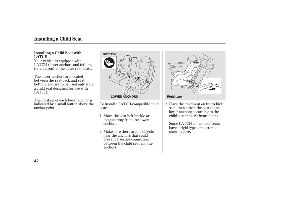 Installing a child seat | HONDA 2009 User Manual | Page 48 / 422