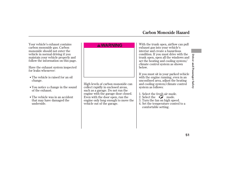 Carbon monoxide hazard | HONDA 2009 User Manual | Page 57 / 422