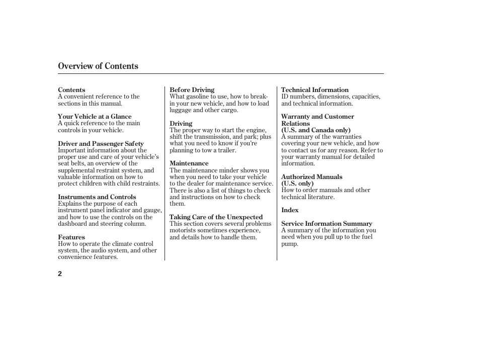 Overview of contents | HONDA 2009 User Manual | Page 8 / 422