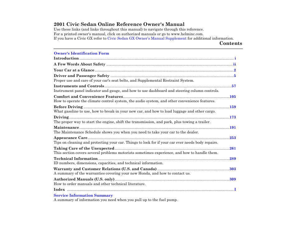 HONDA 2001 Civic Sedan User Manual | 1 page