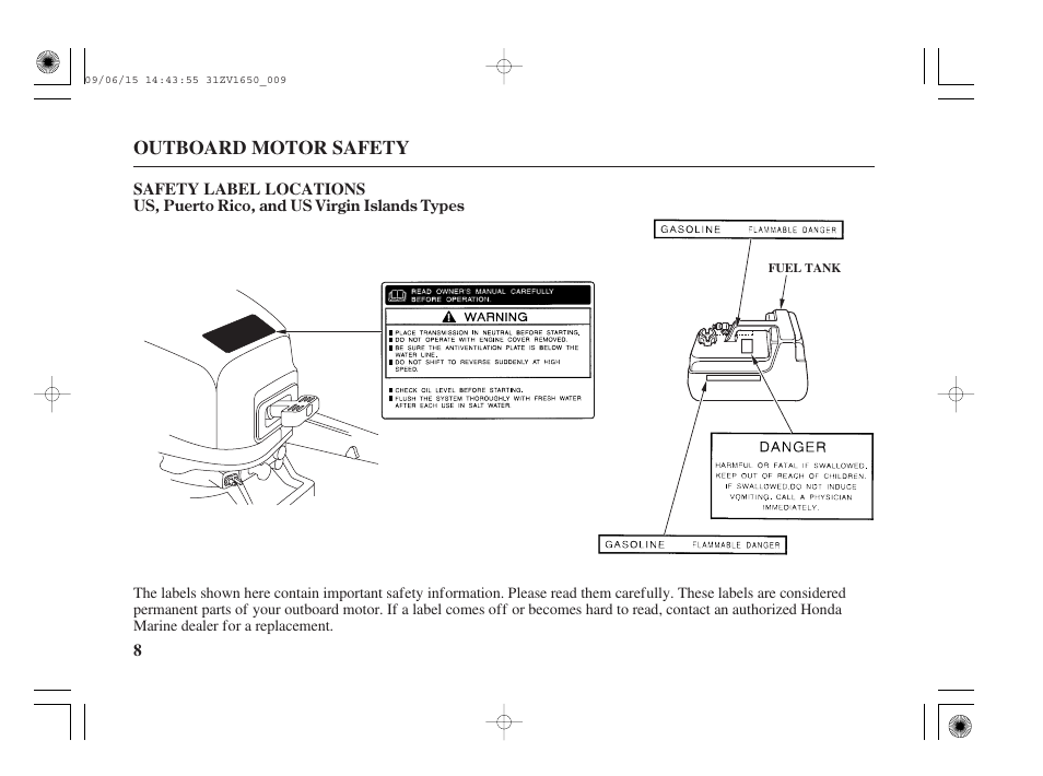 Safety label locations | HONDA BF5A User Manual | Page 10 / 99