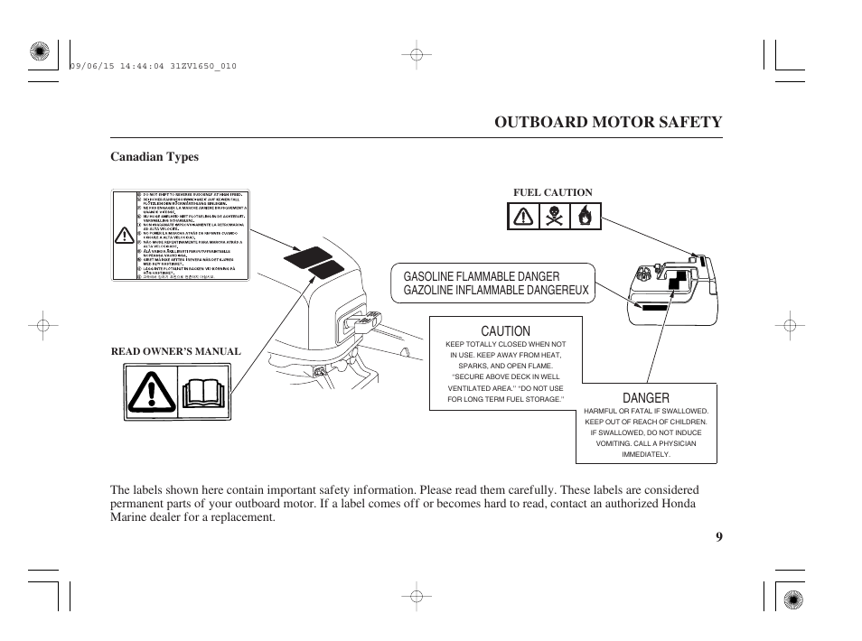 Outboard motor safety, Caution danger, Canadian types | HONDA BF5A User Manual | Page 11 / 99