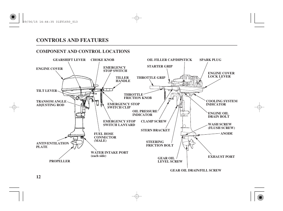 Component and control locations, Controls and features, 12 component and control locations | HONDA BF5A User Manual | Page 14 / 99