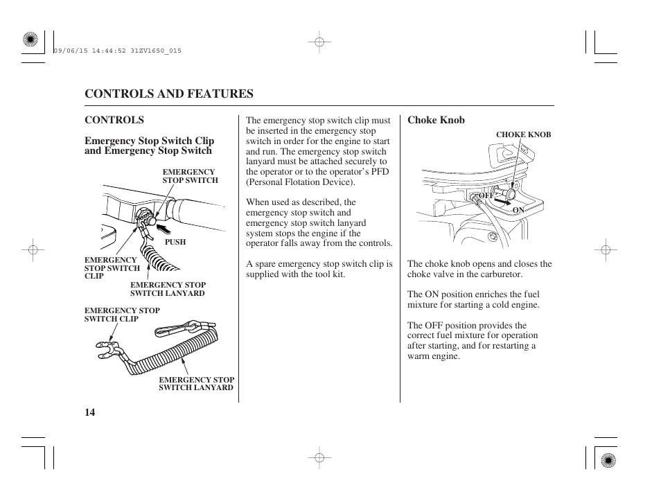 Controls, Choke knob, Controls and features | HONDA BF5A User Manual | Page 16 / 99