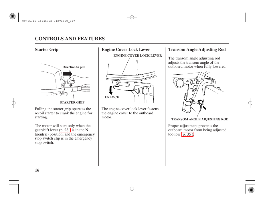 Starter grip, Engine cover lock lever, Transom angle adjusting rod | Controls and features | HONDA BF5A User Manual | Page 18 / 99
