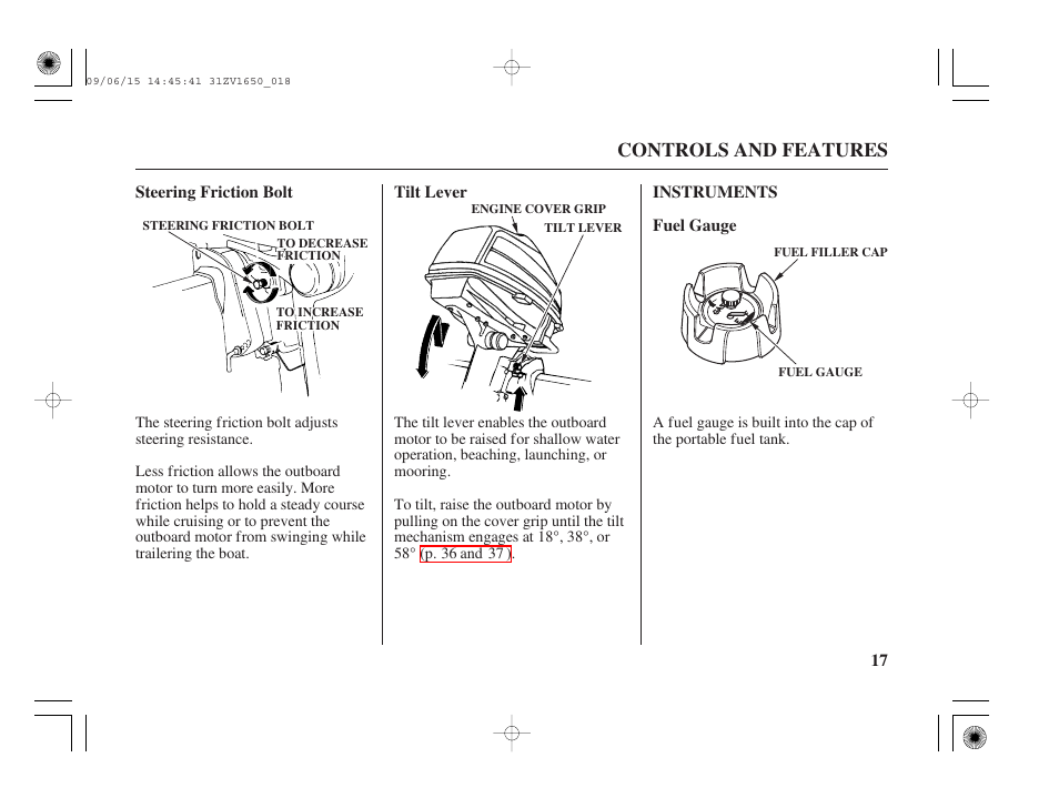 Steering friction bolt, Tilt lever, Instruments | Fuel gauge, Controls and features | HONDA BF5A User Manual | Page 19 / 99