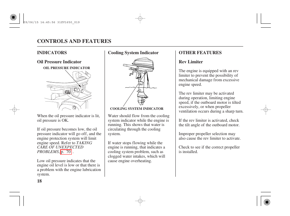 Indicators, Oil pressure indicator, Cooling system indicator | Other features, Rev limiter | HONDA BF5A User Manual | Page 20 / 99