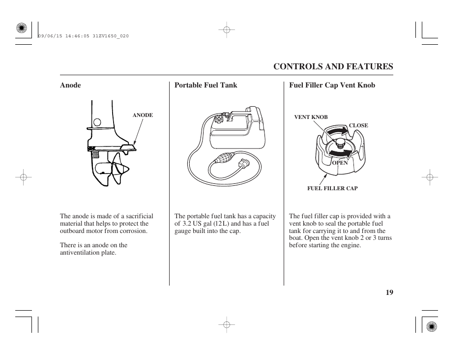 Anode, Portable fuel tank, Fuel filler cap vent knob | Controls and features | HONDA BF5A User Manual | Page 21 / 99