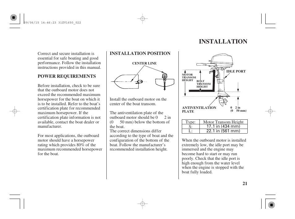 Installation, Power requirements, Installation position | 21 power requirements installation position | HONDA BF5A User Manual | Page 23 / 99