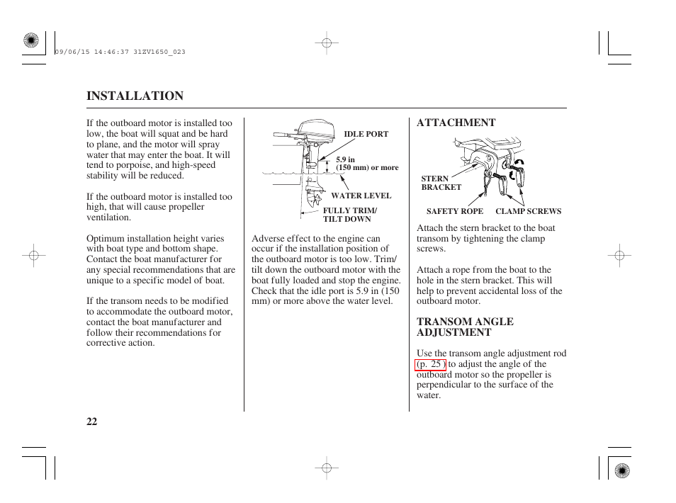 Attachment, Transom angle adjustment, Installation | HONDA BF5A User Manual | Page 24 / 99