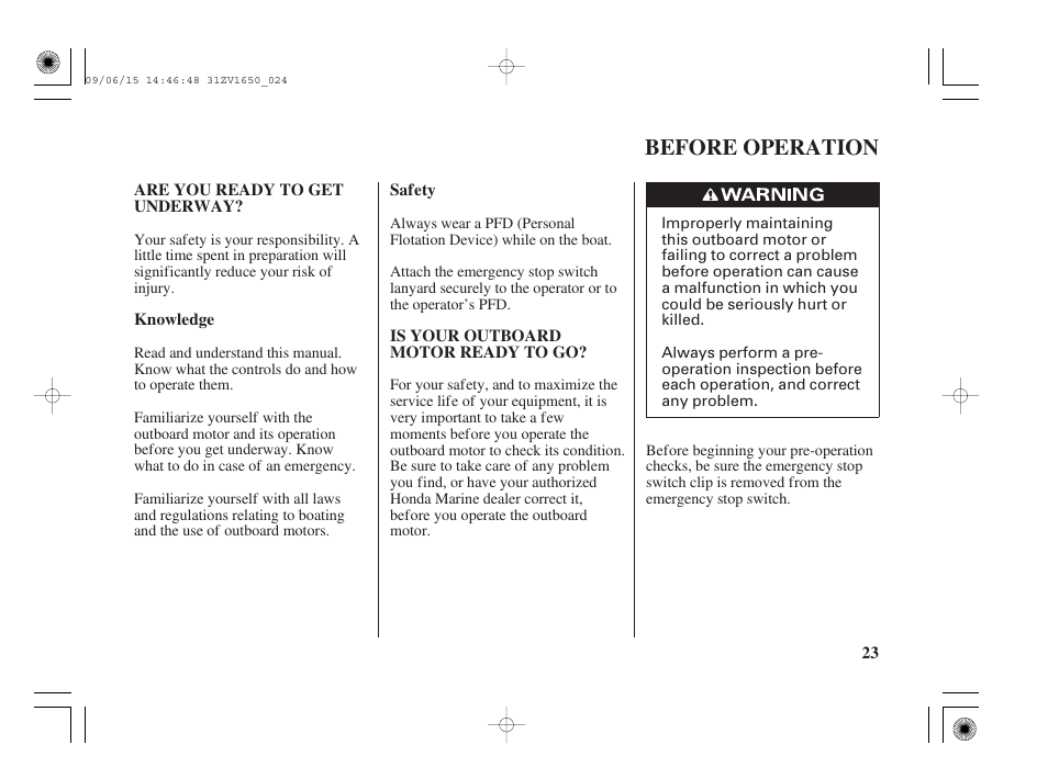 Before operation, Are you ready to get under way, Is your outboard motor ready to go | HONDA BF5A User Manual | Page 25 / 99