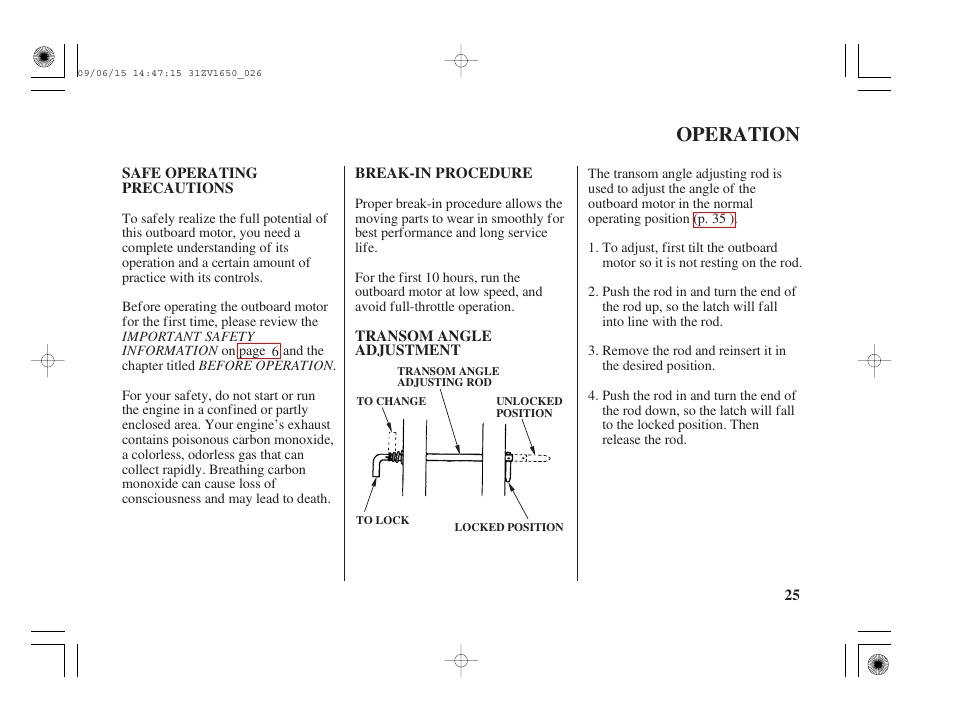 Operation, Safe operating precautions, Break-in procedure | Transom angle adjustment | HONDA BF5A User Manual | Page 27 / 99