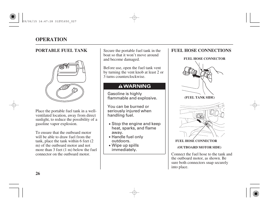 Portable fuel tank, Fuel hose connections, Operation | HONDA BF5A User Manual | Page 28 / 99