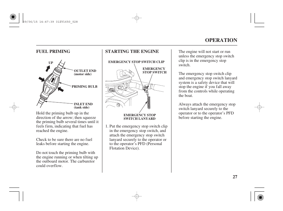 Fuel priming, Starting the engine, Operation | HONDA BF5A User Manual | Page 29 / 99