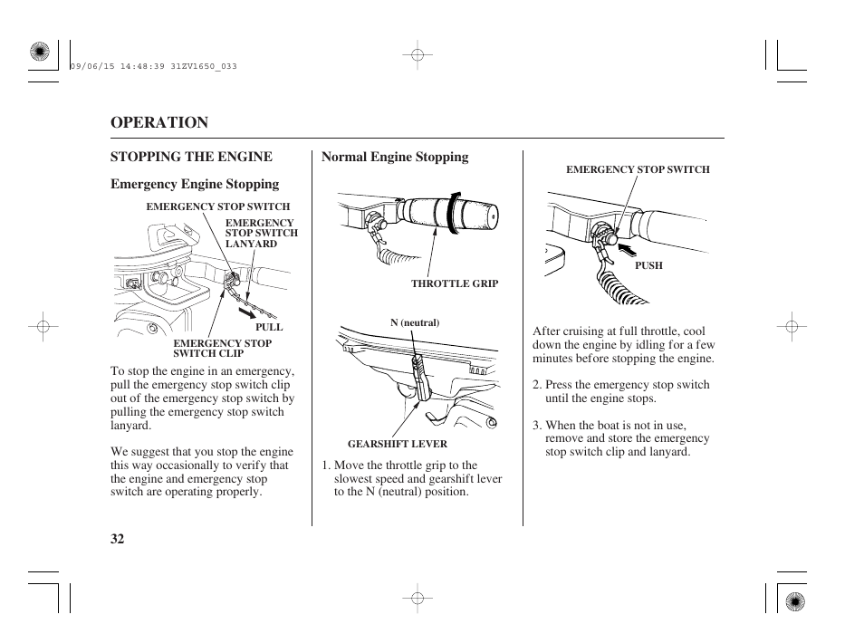 Stopping the engine, Operation | HONDA BF5A User Manual | Page 34 / 99